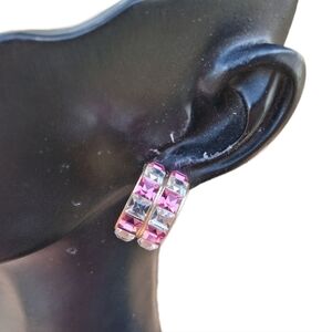 Vintage 80s 90s Pink & Clear Rhinestone Half Hoop Huggie Earrings